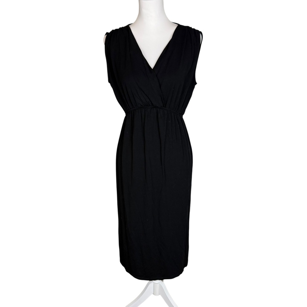 Lilla P Black Surplice V-Neck Sleeveless Midi Dress Medium Elastic Empire Waist